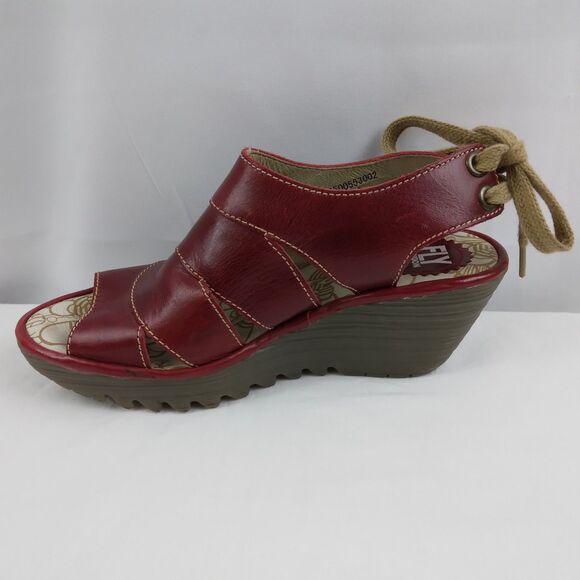 Fly London YOWN Dark Red Wedge Peep Toe Sandals Lace Up  Womens Size 38 US 7.5 8 - Picture 9 of 16